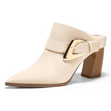 Imagem de Coutgo Botas femininas de salto grosso, bico fino, sem cadarço, com decoração de fivela, Camurça bege, 38