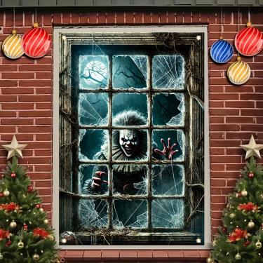 Imagem de Starlit Patio Capa de janela de palhaço assustador de Dia das Bruxas 118 x 78 cm, cenário de terror de palhaço assustador com vidro quebrado, pôster de janela assustadora para casa assombrada, festa