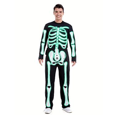 Imagem de HSCTEK Fantasia de esqueleto adulto iluminada (fio EL atualizado), Verde, G