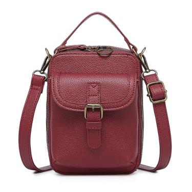 Imagem de GISMTR Bolsa tiracolo de couro feminina, bolsa carteiro vintage, bolsas de ombro antirroubo de grande capacidade com 10 compartimentos para cartão, Vermelho, Vintage