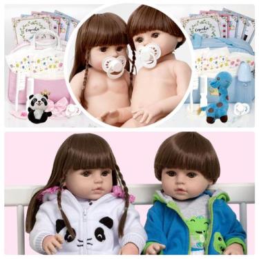 Imagem de Bebe Tipo Reborn Gêmeos Casal Panda Girafa Cabelo Castanho - Cegonha R