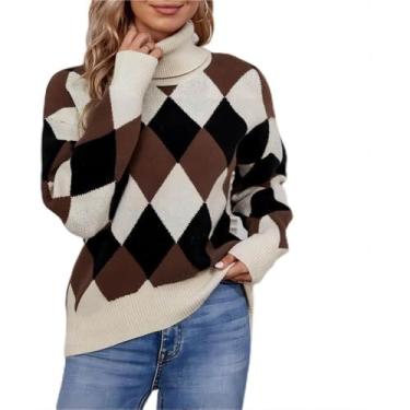 Imagem de Suéter De Gola Alta Para Mulheres, Tops De Manga Longa Para Mulheres Suéter De Gola Alta De Tricô Rhombus Cor Contrastante Pulôver Moda Camisa De Base Proteção Quente Contra O Frio, XL