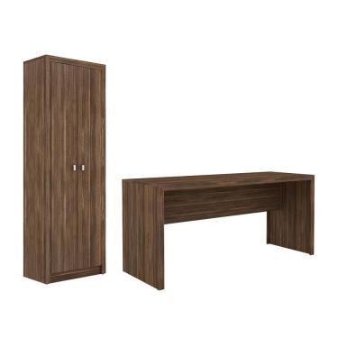 Imagem de Escritório com Mesa para Computador Simples Gavetas e Armário 2 portas Nogal - FdECOR