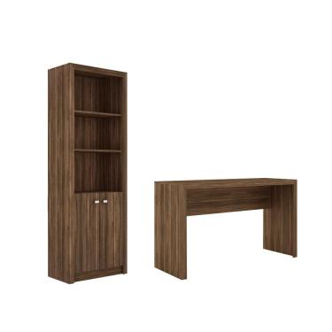 Imagem de Escritório com Mesa para Computador Simples Gavetas Com Armário Pareteleira 2 Portas Nogal - FdECOR