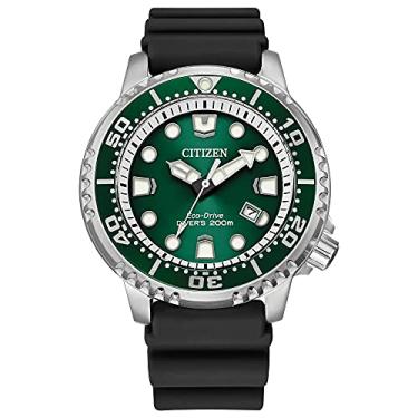 Imagem de Citizen Relógio de mergulho masculino Promaster com tecnologia Eco-Drive em mostrador verde de aço inoxidável, pulseira de borracha preta, BN0158-00X