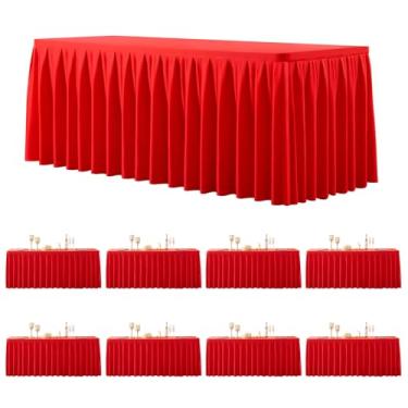 Imagem de Pacote com 8 toalhas de mesa retangulares vermelhas, 2,5 m, elastano elástico, para mesas retangulares de 2,3 m, toalhas de mesa de banquete, sem rugas, saia com babados, toalha de mesa para festa