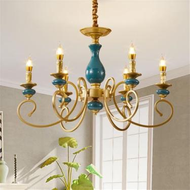 Imagem de OUFULA Vela Europeia Candelabro LED Americana Retro Cerâmica Sala de Estar Restaurante Quarto Estudo Villa Hotel Café Lâmpada Pendente (C 6 Luzes)