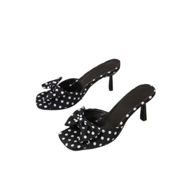 Imagem de WDIRARA Sandálias femininas de salto com laço de bolinhas, bico quadrado aberto, sapatos sem cadarço, Preto, 37