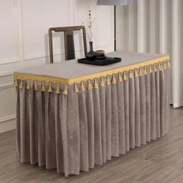 Imagem de Toalha de mesa de veludo dourado para conferências, exposições, pendurada, com franjas, para saia de mesa com borlas, retangular, cinza, 180x40x75 cm