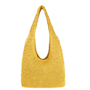 Imagem de Bolsa feminina grande de palha para praia feita à mão, bolsa Hobo, bolsa de mão para o verão, Amarelo, One Size