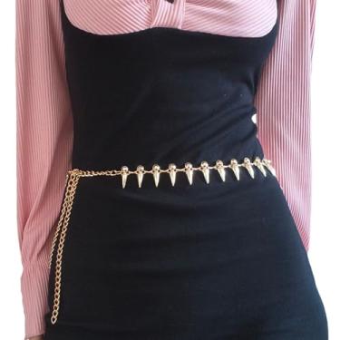 Imagem de PERNAFA Cinto de corrente de metal para mulheres, dentes de lobo, franjas, cintos de corrente para calças casuais, Dourado, Adjustable