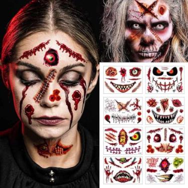 Imagem de Coridy Kit de maquiagem temporário de Halloween com 8 peças de tatuagem de cicatrizes falsas para adultos, mulheres, homens, adesivo de zumbi, pegadinha assustadora, pontos falsos, terror e sorriso