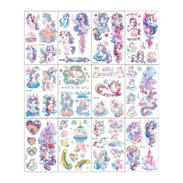 Imagem de Tatuagens temporárias de unicórnio com glitter para meninas - 12 folhas, mais de 120 estilos, unicórnio sereia, glitter, tatuagem falsa para crianças, meninas, artigos de festa de aniversário