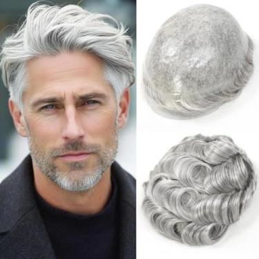 Imagem de blazingfire Peruca masculina de 20 x 25 cm, peruca de pele fina, sistema de substituição de cabelo humano cinza e branco masculino, unidade de cabelo curto, peruca de cabelo natural, linha do cabelo