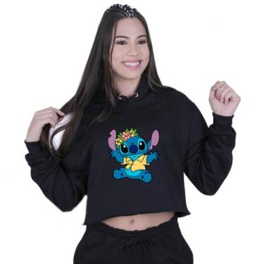 Imagem de Cropped Moletom Feminino Lilo Stitch Hawaiano - Lafre, Preto, GG