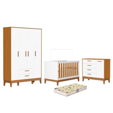 Imagem de Dormitório Infantil Flip Guarda Roupa 4 Portas, Cômoda 1 Porta e Berço com Colchão Supreme - Reller Móveis