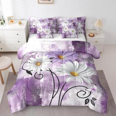 Imagem de Erosebridal Conjunto de edredom abstrato rústico com margarida rústica, 7 peças, lençol de flores rústicas rústicas em um saco, Queen Violeta Cinza, Conjunto de lençol com edredom e planta de fazenda