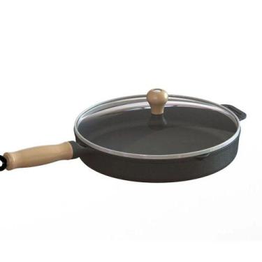 Imagem de Frigideira Ferro Fundido com Tampa Vidro Cabo Madeira 26cm - LIBANEZA