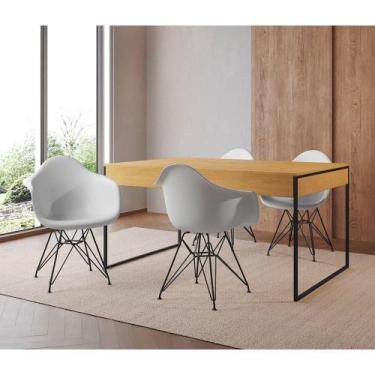 Imagem de Mesa Jantar Industrial Canela 137X90Cm Com 4 Poltronas Brancas Base Fe