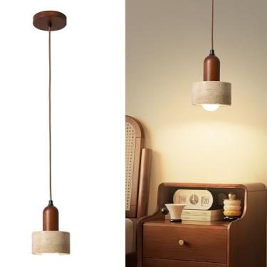 Imagem de Conjunto de 2 luzes pendentes de pedra natural, travertino Wabi Sabi e lâmpada suspensa de madeira para ilha de cozinha, corredor, quarto, sala de jantar, decoração de teto (lâmpada E26, chapéu de