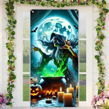 Imagem de BlissYard Capa de porta de Halloween 71 x 35 polegadas para decoração de porta de varanda de férias decoração outono assustador bruxa quebrando design de porta de madeira para fundo de sinalização