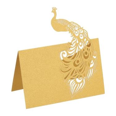 Imagem de PATIKIL 50 peças de cartões de casamento, corte a laser, com nome de pavão, cartão de mesa, papel com glitter perolado para mesa, recepção de casamento, buffet, festa de negócios, dourado