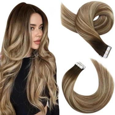 Imagem de Moresoo Fita de extensões de cabelo Balayage em extensões de cabelo humano real ombré marrom escuro a marrom médio mistura com fita loira em extensões de cabelo humano 20 polegadas #4/6/613 20 peças