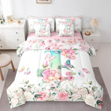 Imagem de Erosebridal Conjunto de cama com letras em aquarela verde para meninas, crianças, meninos, conjunto de cama com letra I e monograma, flores, conjunto de edredom solteiro, 7 peças, plantas de jardim