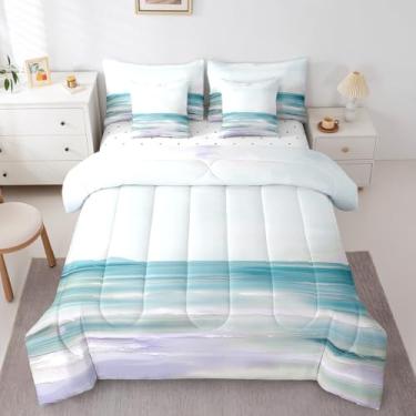 Imagem de Erosebridal Conjunto de edredom de praia abstrata, 7 peças, King, azul-petróleo e roxo, para mulheres, meninas, oceano, mar, onda, lago, cama em uma bolsa, romântico, verão, paisagem natural, Havaí