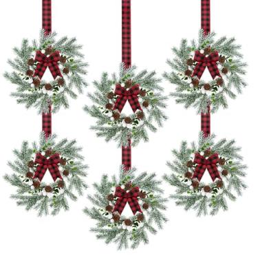 Imagem de 6 mini guirlandas de Natal de 25,4 cm com pinha, guirlandas de armário para cozinha, guirlanda de Natal pequena com laço xadrez vermelho e preto, guirlanda de fazenda para decorações de festas de