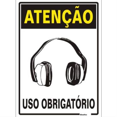 Imagem de Placa de Poliestireno Auto-Adesiva 20x30cm Atenção Uso Obrigatório de Protetor Auricular - 250 AU - SINALIZE