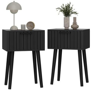 Imagem de YMYNY Mesa de cabeceira canelada, mesa de canto pequena, mesa de centro moderna com gaveta, pernas de madeira maciça, 35 x 27 x 53 cm, para quarto e espaços pequenos, preto UHST014B-2