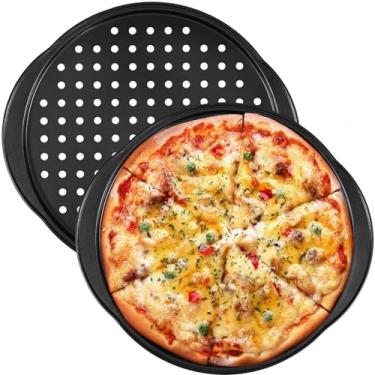 Imagem de FALESOUL Bandejas de pizza para forno, 2 bandejas antiaderentes de 35,5 cm com furos e alças, formas redondas de aço carbono para cozinha doméstica, forno, micro-ondas, geladeira, freezer, lava-louças