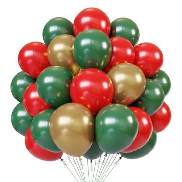 Imagem de Balões de látex de Natal, 50 peças de balões dourados vermelhos e verdes de 30,5 cm com 1 fita para decorações de Natal, festas de aniversário