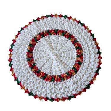 Imagem de Kit 4 Sousplat Em Crochê Artesanal 35Cm Branco E Vermelho