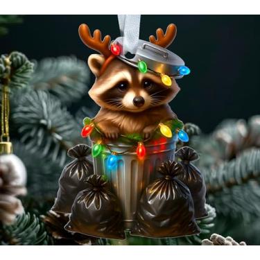 Imagem de Enfeites de Natal engraçados de guaxinim - guaxinim fofo em lata de lixo - decoração de árvore de acrílico engraçada - presente para amantes de animais - feriado - Natal