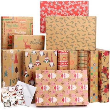 Imagem de POPGIFTU Caixas de presente de Natal com tampas – Pacote com 12 caixas de camisa Kraft médias com papel de seda e etiquetas de nome, 12 caixas de embrulho para presentes de Natal e festas
