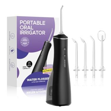 Imagem de OralGos Irrigador Oral Bivolt com 3 Modos, Jato de Água Ajustável Fio Dental de Água, USB Recarregável, IPX7, 4 Bicos, 300ML Irrigador Bucal Portátil para Viagem e Casa (Preto)