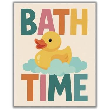 Imagem de Decoração de banheiro de pato de borracha, arte de parede na hora do banho, impressão infantil em azul-petróleo, rosa, cores amarelas - Impressão de pôster 28 x 35 cm - SEM MOLDURA