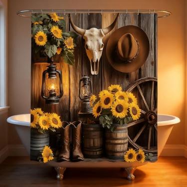 Imagem de Cortina de chuveiro caubói ocidental porta de celeiro botas de cowboy caveira girassol roda sudoeste país rancho floral rústico decoração de banheiro cortinas de tecido poliéster com gancho 170x170A