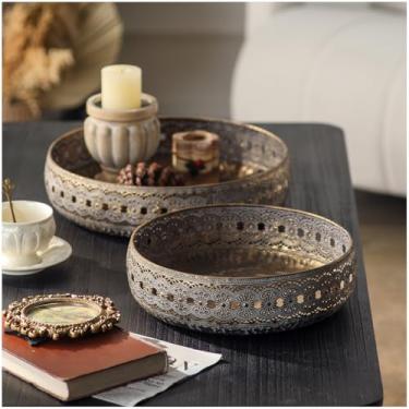 Imagem de hencoense Conjunto decorativo de mesa vintage marroquino de metal envelhecido com 2 bandejas redondas para decoração de casa