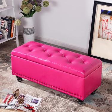 Imagem de Mesa de centro com armazenamento, banco acolchoado para os pés para sala de estar, quarto, banco de armazenamento retangular com pernas de madeira, otomano de armazenamento de couro sintético tufado