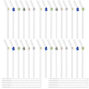 Imagem de 30 canudos reutilizáveis de vidro transparente com 10 peças de escova de limpeza, resistente ao calor, lindos canudos dobrados de flores para smoothies, chás, sucos, milkshakes, coquetéis (30 peças