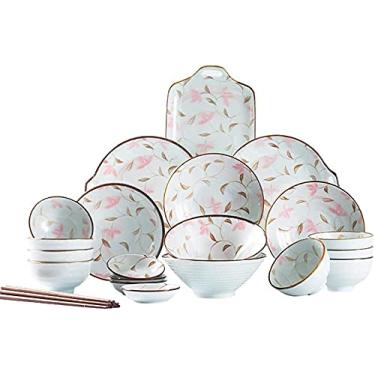 Imagem de Conjunto de louça clássico para cozinha e jantar, conjunto de 28 peças de porcelana sob o esmalte, conjunto de pratos de cerâmica com flores de cerejeira japonesa com tigelas, serviço para 8 pessoas