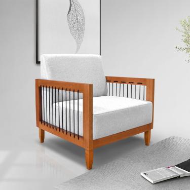 Imagem de Poltrona Sala de Estar Pés Madeira Maciça Corda Náutica Preta 75cm Manila Linho Cinza Rústico G63 - Gran Belo