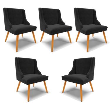 Imagem de Kit 5 Cadeiras Decorativas Sala de Jantar Pés Palito de Madeira Firenze Suede Preto/Natural G19 - Gran Belo