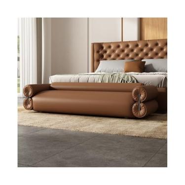 Imagem de Banco para entrada, banco de cama, quarto, couro legítimo, sofá de cabeceira longo, moderno, simples, sala de estar pequeno (marrom, grande)