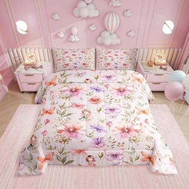 Imagem de Erosebridal Jogo de cama casal de fadas e flores – Conjunto de edredom de flores de borboleta para meninas e crianças, rosa e roxo | Decoração de quarto de fadas caprichosas com 2 fronhas