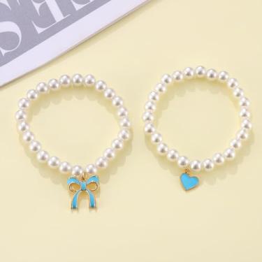 Imagem de Pulseira feminina boêmia, tribal, ajustável, branco, com contas, laço azul, pingente de coração, elástico, boêmio, decoração de concerto country, One Size, Resina, Sem Pedra Preciosa