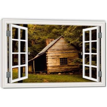 Imagem de Impressão em tela de janela falsa de casa de madeira inclinada, arte de parede cênica virtual para decoração de sala de estar emoldurada 30 x 45 cm